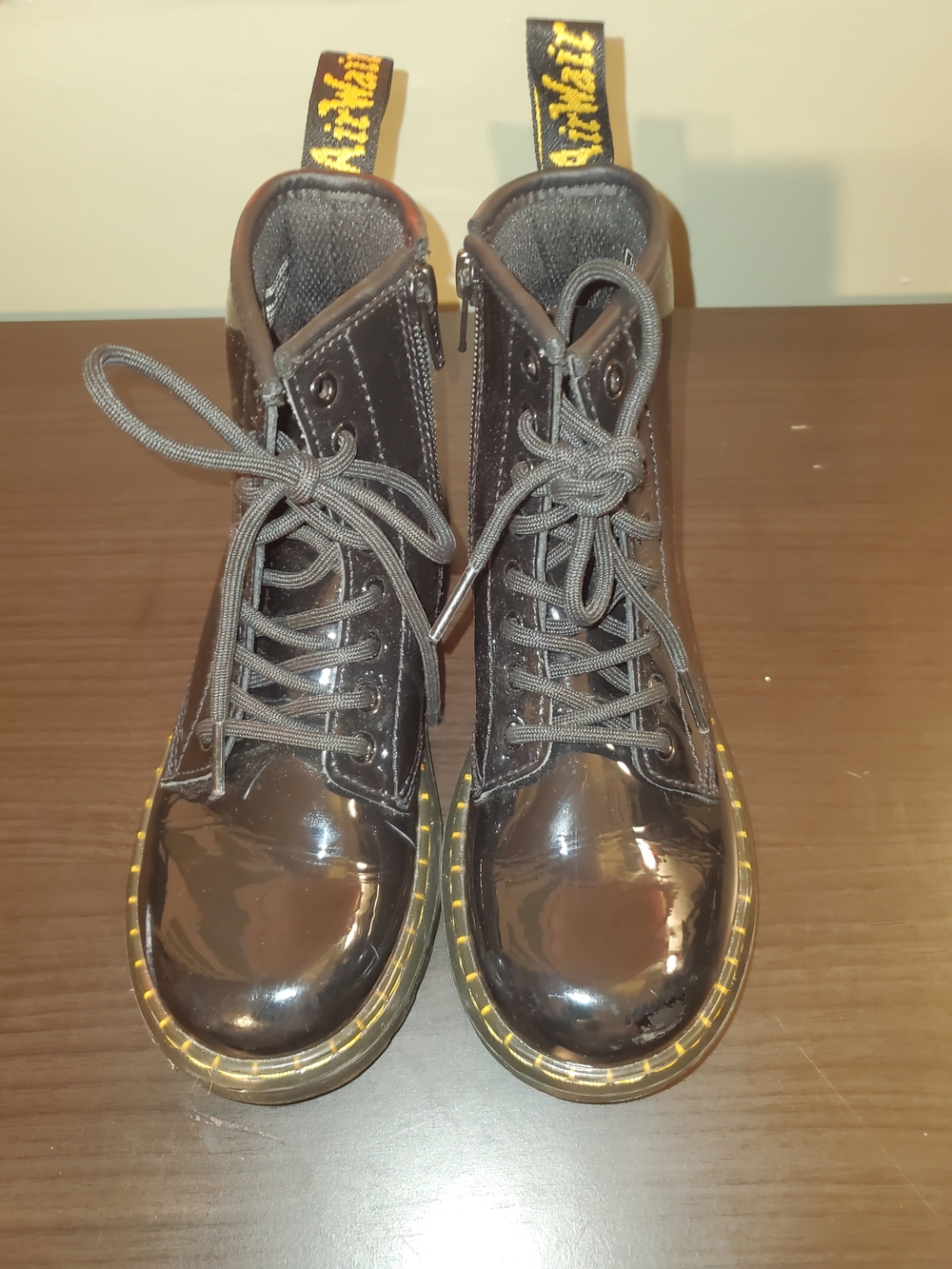 Dr. Martens Kids Black Patent Leather Lace-Up Boots with Yellow Stitching